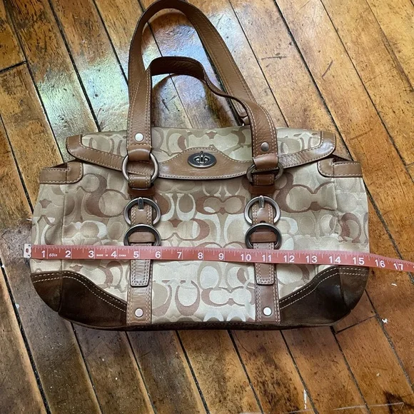 COACH Chelsea Optic Signature Suede Turnlock Tote Satchel - Picture 3 of 7